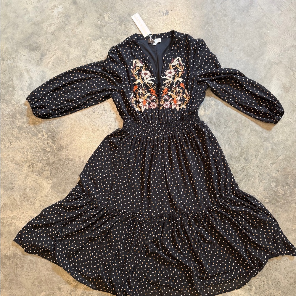 Embroidered Black Polka Dot Midi Dress - Floral Bodice